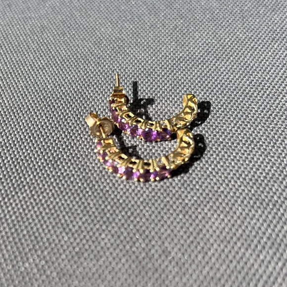 Vintage 10K Solid Yellow Gold & 6 Purple Amethyst RGE Hoop Earrings - Picture 1 of 7